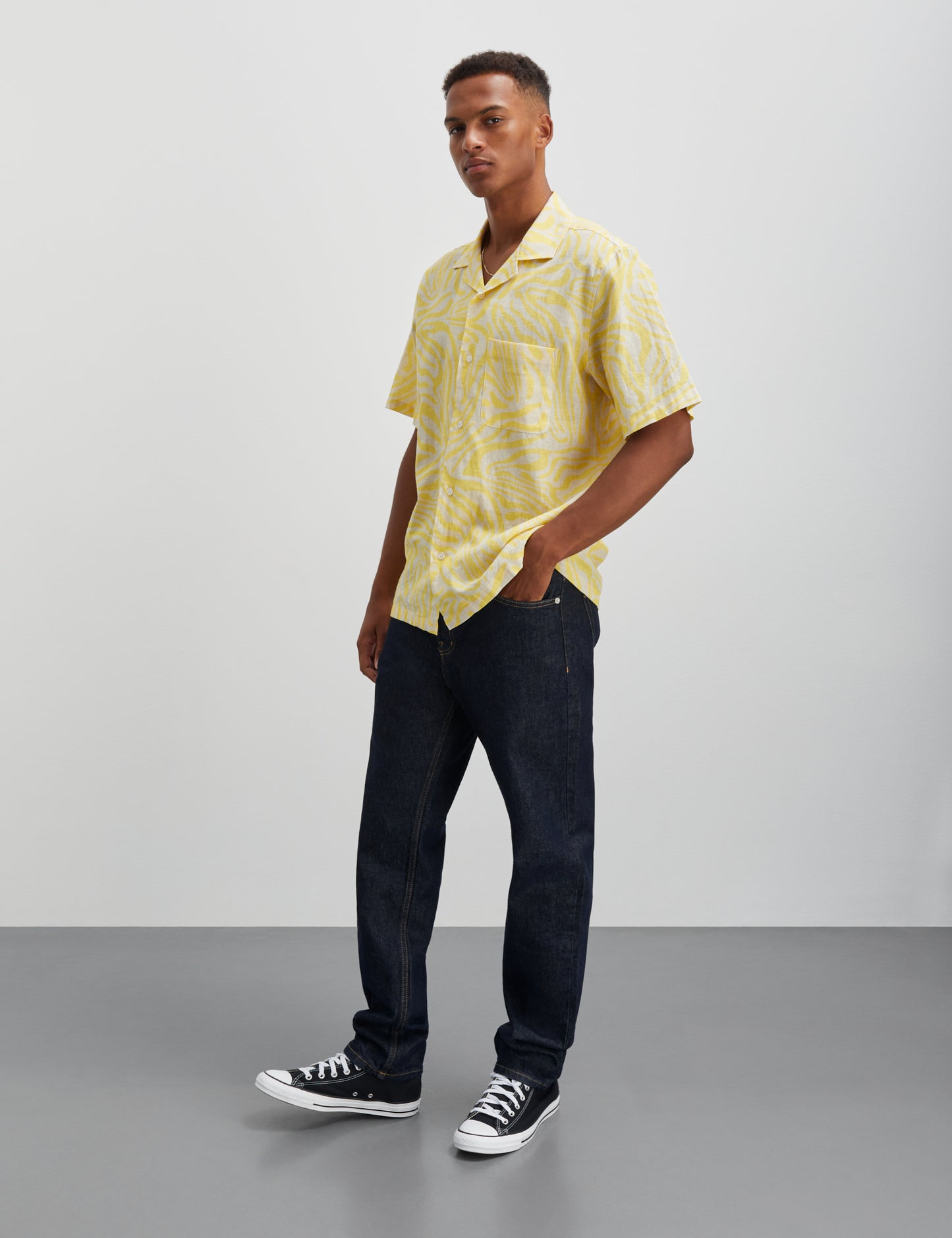 Cotton Linen Kenji AOP Shirt SS, Lemon Zest/Birch AOP