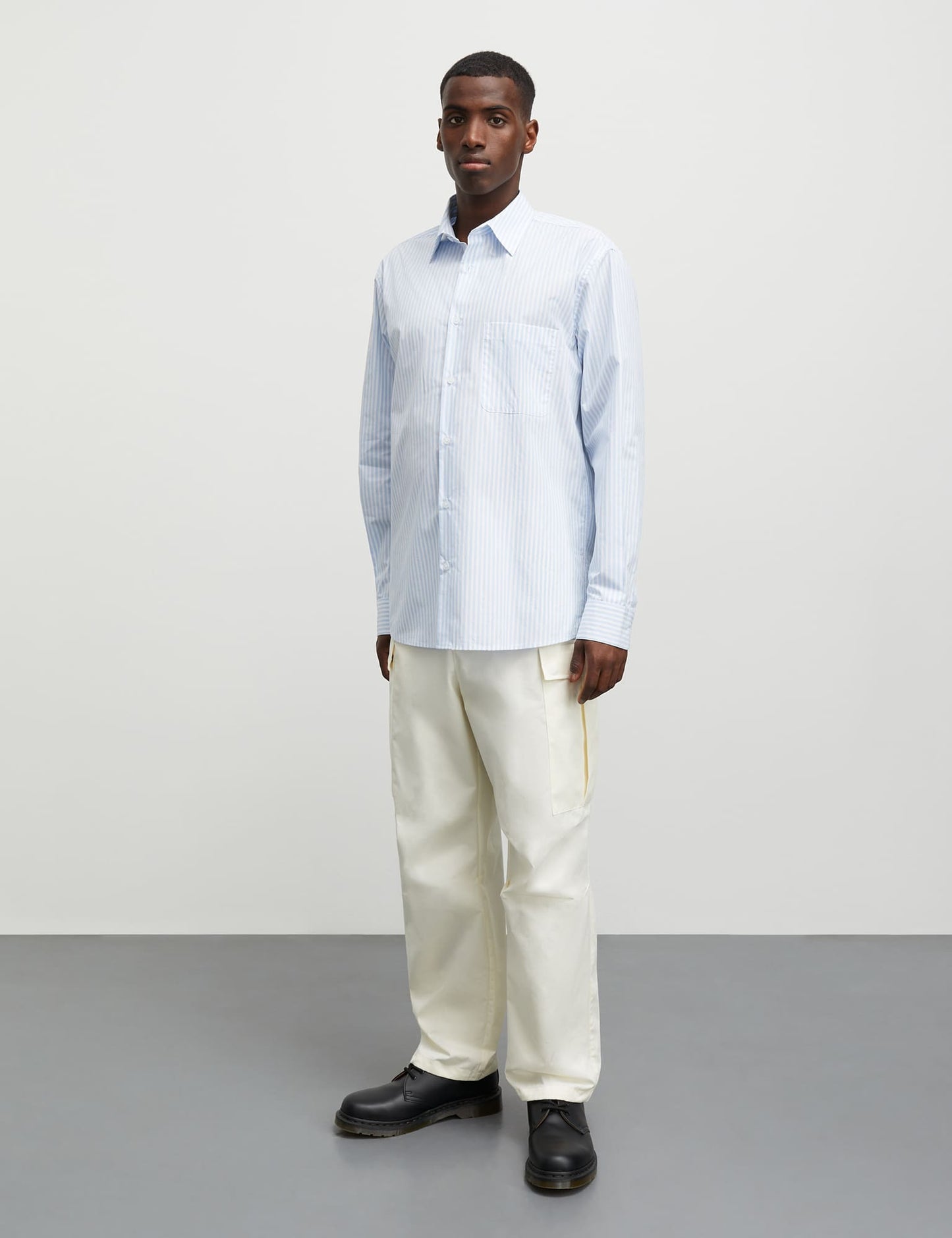 Organic Cotton Poplin Sune Shirt, White/Blue 4 stripe